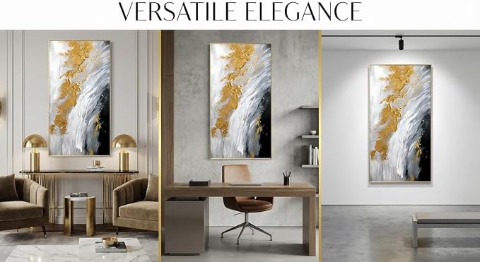 Hand-Painted Black and White Abstract Oil Painting on Canvas for Entrance-Hall, Framed Gold Wall Art for Living Room,Large 3D Wall Picture for Bedroom Kitchen Home Decoration 24x48inch