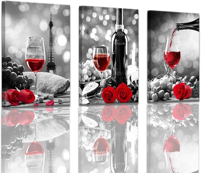 Wine Decor Kitchen Canvas Art Red Wine Rose Artwork for Home Walls Black and White With Red Wine Painting Printed Rose Art Dining Room Decor Red Kitchen Pictures Wall Decor Stretched 16x24inchx3