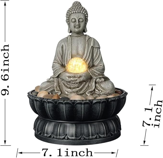 Kalona Tabletop Buddha Waterfall Fountain, Meditating Buddha Zen Fountain with LED Glass Orb, Relaxing Desk Water Feature for Home Office Decor(21127B)