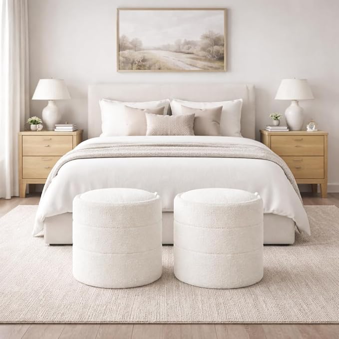 HomePop Storage Round Ottoman with Removable Lid |Homepop Home Décor|Upholstered Round Foot Rest Ottoman - Cream Boucle