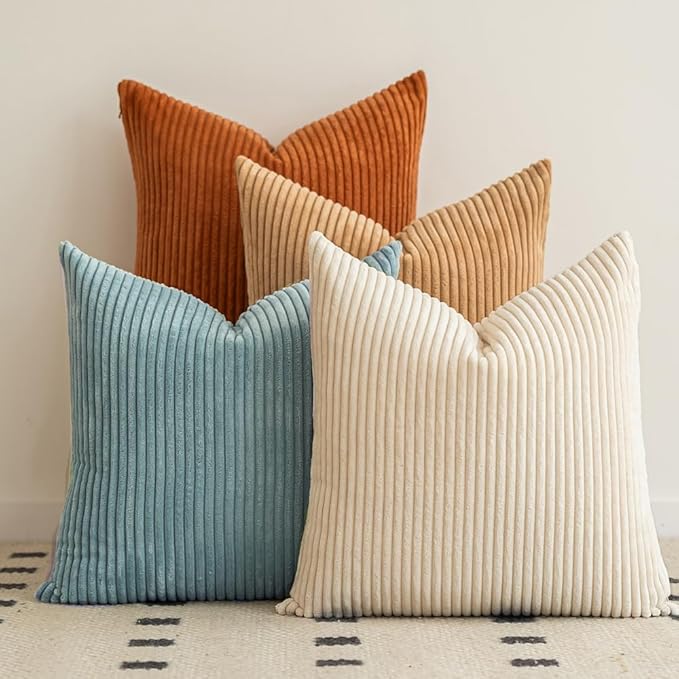 LANANAS Neutral Couch Throw Pillow Covers 18x18 Inch Set of 4 Decorative Farmhouse Boho Throw Pillows for Living Room, Couch, Bed, Sofa Soft Corduroy Accent Home Decor (Cream-Orange, 20x20 Inch)