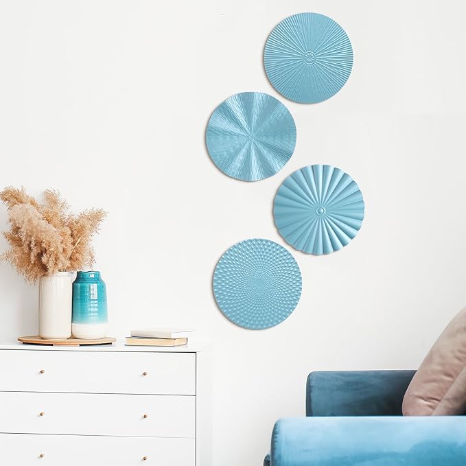 Hicarer 4 Pcs 12 Inch Metal Wall Art Decor Sunburst Hanging Metal Artwork Decor Wall Art Decorations for Home Living Room Office Gift for Christmas(Ocean Blue)
