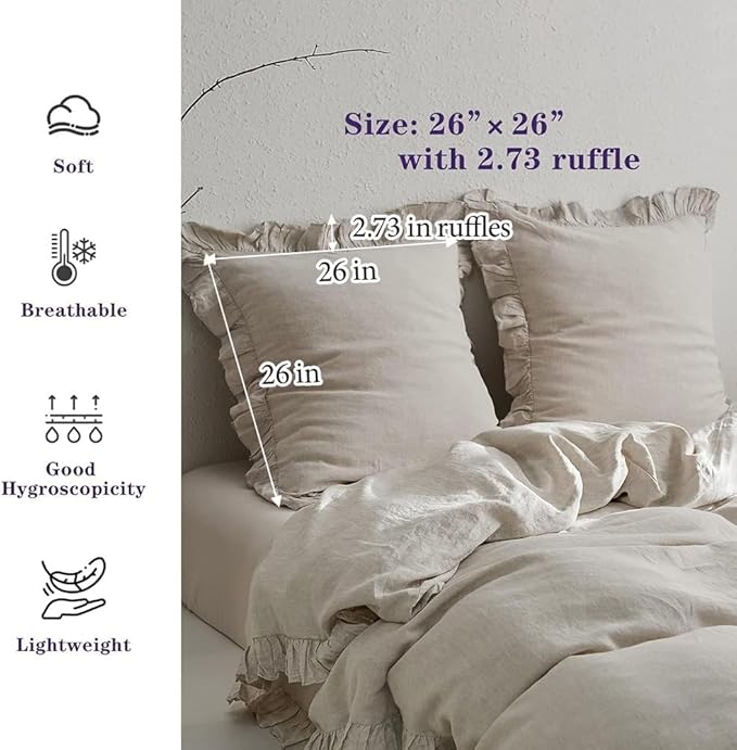 Simple&Opulence 100% Linen Euro Sham Covers with Ruffle, 26x26 Inch Pillow Covers Set of 2, Euro Pillow Shams for Bed Couch French Home Decor Luxury and Breathable Square Pillow Cases, Natural Linen