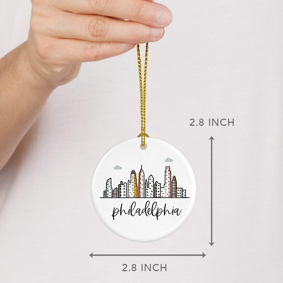 Andaz Press Round Ceramic Porcelain Christmas Tree Ornament Keepsake Gift, Philadelphia, Colorful City Skyline Graphic, 1-Pack, Birthday Ideas Family Coworker Him Her, Includes Gift Box