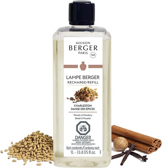 Maison Berger Charleston Lampe Berger Refill, 1 Liter (33.8 fl oz), 2-in-1 Catalytic System, Neutralizes Odors and Diffuses Fragrance, Cardamom, Cinnamon, Teakwood, Made in France