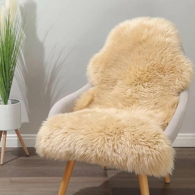 IRIWOOL Premium Genuine Fur Sheepskin Rug Real Australia Sheepskin Natural Luxury Fluffy Lambskin Fur Area Rug Seat Covers for Kids Bedroom Sofa Chair Cover (Light Brown, Single Pelt/2ft x 3ft)