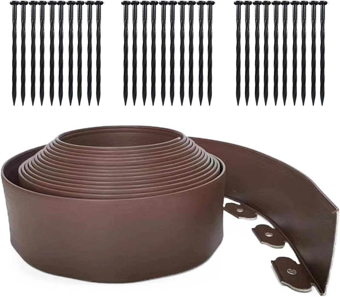 33FT Landscape Edging, 4 in Tall Garden Edging Borders,Flexible Lawn Edging with 30 Spikes,Plastic Edging Border for Garden, Flower Beds, Pavement-Brown