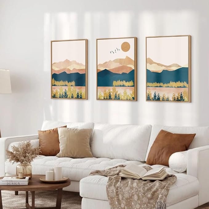 HPINUB Mountain Framed Canvas Wall Art Set, Mid Century Modern Wall Decor, Set of 3 Boho Artwork Nature Art Paintings, Bohemian Art Prints for Living Room, Bedroom, Dining Room, Office-24 x36 x3