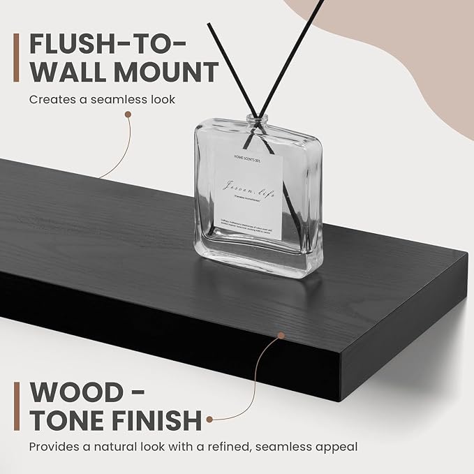 Acovy 48 Inch Floating Shelves, 8 Inch Deep Floating Shelves for Wall, Hanging Shelf with Invisible Brackets, Deep Shelves for Bathroom, Bedroom, Living Room, Black, Set of 2