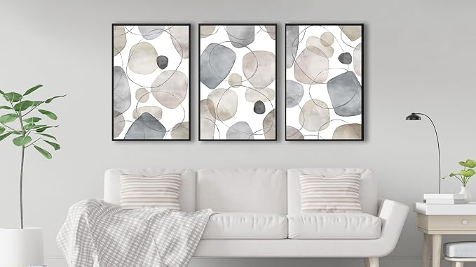 Large Abstract Canvas Wall Art - Geometric Framed Wall Decor Modern Circles and Lines Paintings Light Colors Minimalist Pictures for Living Room Bedroom Office Bathroom 24" X 36" X 3 Panels