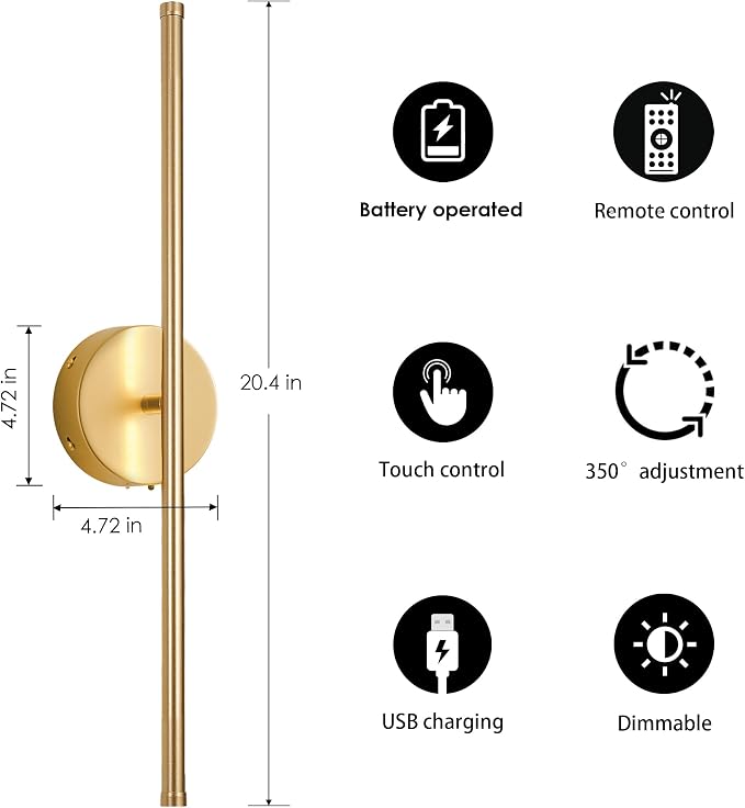 KARTOOSH Battery Operated Wall Sconces, Dimmable Wall Sconces Set of Two, 350°Rotate, 3000K LED Gold Wireless Wall Light for Living Room, Bedroom, Hallway, 20.4 Inch (2 Pack)