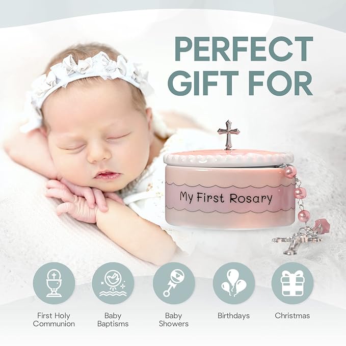 Baptism Gifts for Girl - My First Rosary with Keepsake Box, First Communion Gifts for Girls, Baptisms Gifts for Boys or Girls Christening. Pink Rosary, Ceramic Box and Gift Packaging