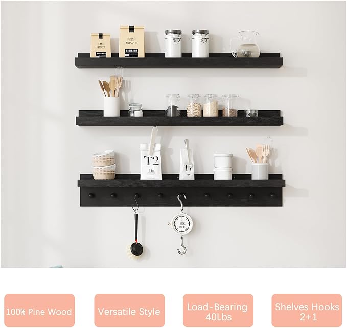 MBYD Solid Wood Black Floating Shelves for Entryway, 36 Inch Wall Shelf with Hooks & Wooden Pegs, Modern Versatile Picture Ledge to Organize Living Room, Bedroom, Declutter Items & Hang Keys, Bags