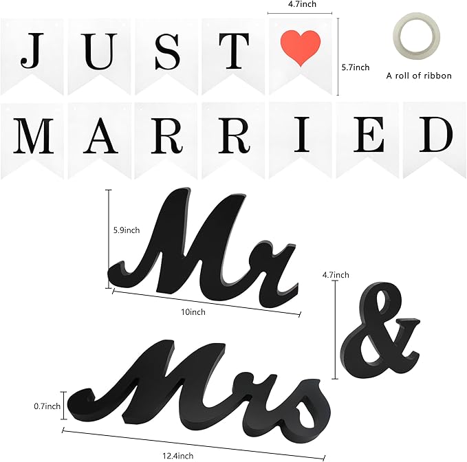 Mr. & Mrs. Sign for Table, Just Married Banner, Wooden Wedding Decor - Black Banner