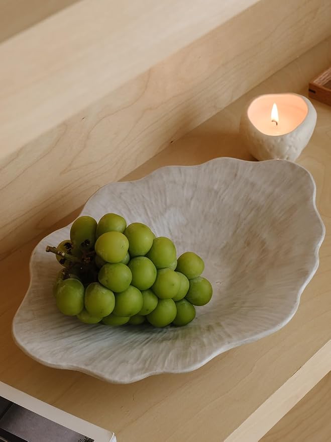 WENSHUO Stoneware Fruit Bowl for Kitchen Counter,Large Decorative Bowls for Home Decor,Handmade Perfect Centerpiece for Table, Island,or Counter,Veil Grey Color Reactive Glaze 13.5" L × 10" W