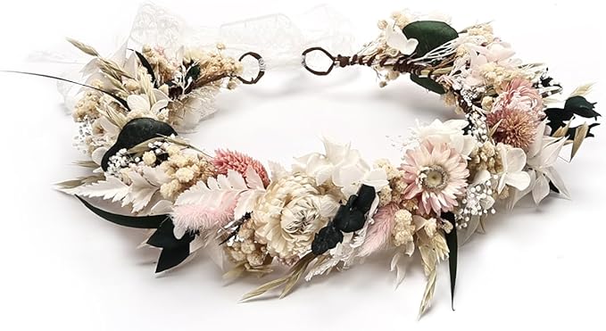 Preserved Natural Dried Flower Crown Rustic Wedding Wreath Headband Pink and White Bohemian Floral Hair Garland for Brides,Family Photo Shoot,Birthday Party,Bridesmaids Flower Girls