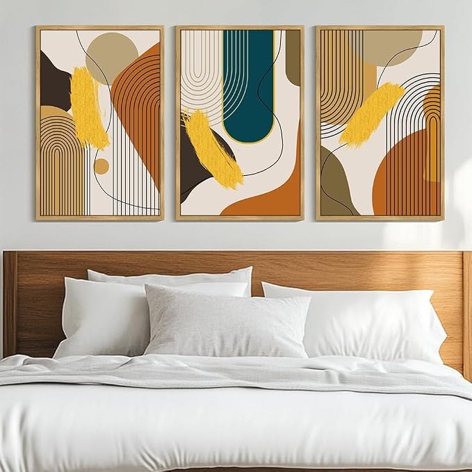 PHOPAGO Boho Abstract Framed Wall Art Large 24x36in Mid-Century Modern Bohemain Minimalist Luxury Gold Line Artwork Hallway Bedroom Decor - Natural Framed