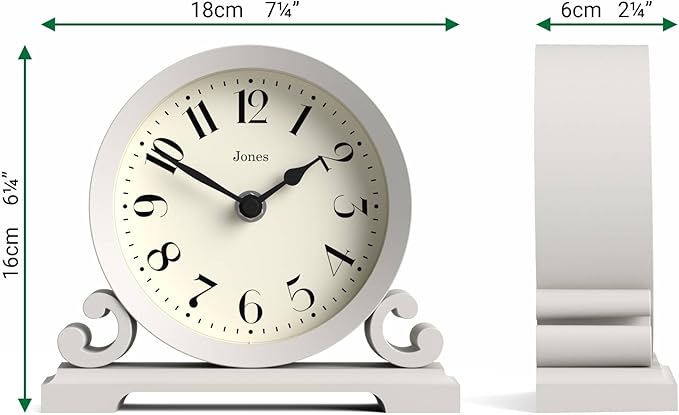 JONES CLOCKS® Saloon Mantel Clock | Small Traditional Double Scroll Design | Gray | Contemporary Classic Style for Desk, Table, Shelf or Bedside