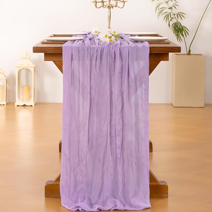 Socomi 10pcs Lilac Purple Lavender Cheesecloth Table Runner Boho Rustic Gauze 120 inch 10FT Cheese Cloth Runner for Wedding Party Baby Shower Birthday Home Decor Holiday Decorations