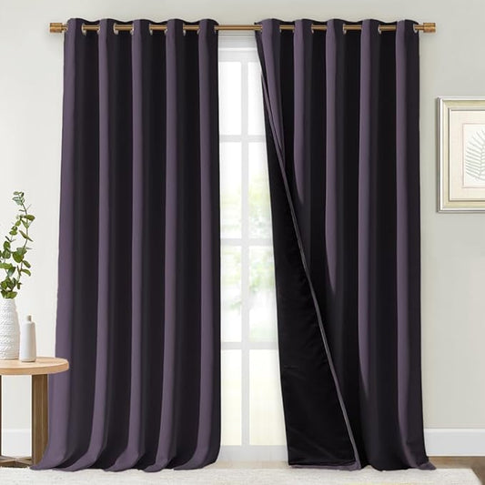 NICETOWN Full Shading Curtains for Windows, Greyish Purple, Pack of 2, 62 inches W x 95 inches L, Super Heavy-Duty Black Lined Blackout Curtains for Bedroom, Privacy Assured Window Treatment