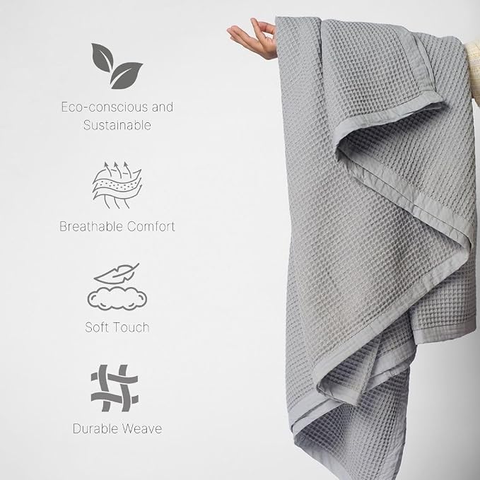 GOTS Certified Organic Cotton Waffle Weave Blanket, Queen Bed Size, 90"X90"Cozy Throw Blanket for Couch, Modern Home Decor, Throw Blankets,Waffle Blanket, Soft Bed Blankets -Scottish Grey