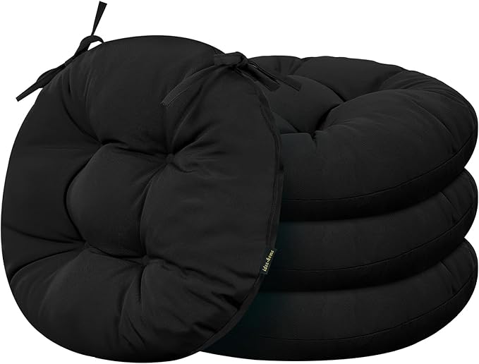 idee-home Outdoor Bistro Chair Cushions Set of 4, Round Seat Cushions | 15”x15”x 4” Thick Outdoor Round Seat Pads Tufted with Ties, Waterproof Patio Furniture Pads for Garden
