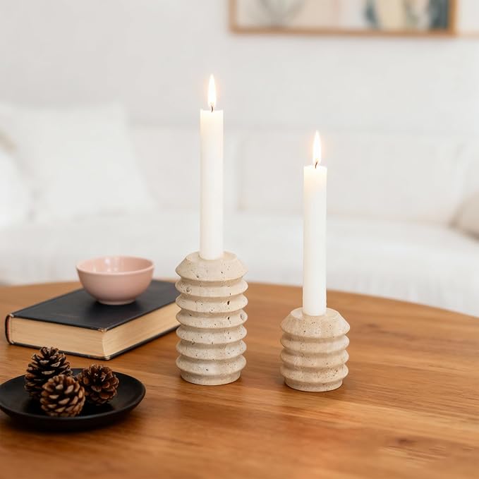 Candle Holders True Natural Travertine Stone 0.4" Thick, Set of 2 Premium Marble Candlestick Holder for Wedding Dinning Party, Candle Stand for 3/4 inch Thick Candles Color White (ZT002)