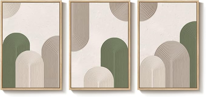 Framed Green Beige Abstract Wall Art for Living Room, 3 Piece Large Neutral Modern Minimalist Canvas Artwork for Walls, Boho Bauhaus Geometric Painting Prints for Hallway Office Wall Decor, 24x36 Inch