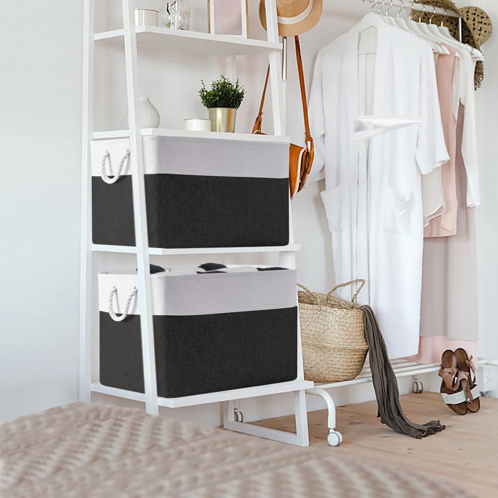 TheWarmHome Organization and Storage for Shelves - Extra Jumbo 3 Pack 20.5x15.7x13.8 inch Fabric Storage Basket for Organizing, Storage Bins for Shoes Towel Blanket (White & Black)