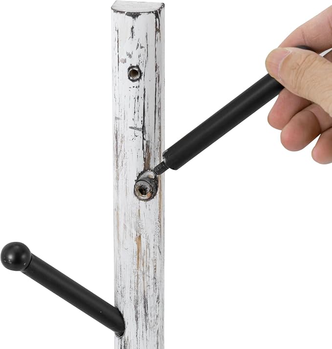 MyGift 4 Hook Wall Mounted Shabby White Washed Solid Wood and Black Metal Hat Coat Hanger Tree, Vertical Entryway Hanging Garment Rack with Branch Style Hooks, Set of 2