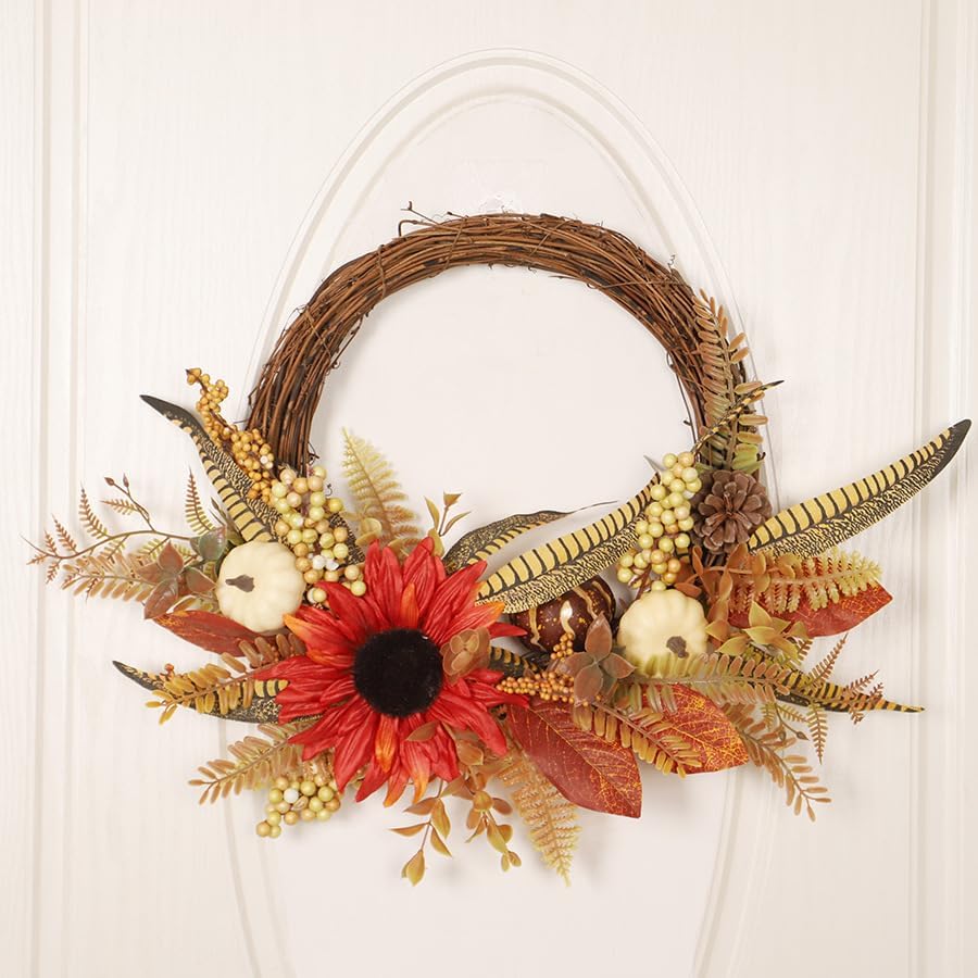Fall Wreaths for Front Door, Autumn Wreath with Pumpkins, Berries and Leaves for Indoor Outdoor Porch Thanksgiving Farmhouse Harvest Halloween Home Décor (White Pumpkin)
