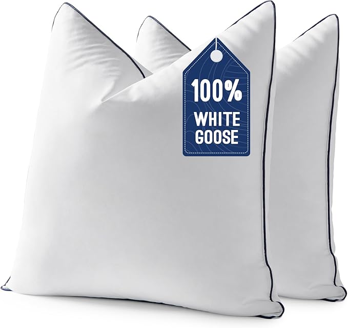 MIULEE Goose Feather Down 22x22 Pillow Insert Set of 2 with 100% Down-Proof Cotton Cover, Soft Fluffy Decorative Pillow for Sofa Bed Couch Living Room White