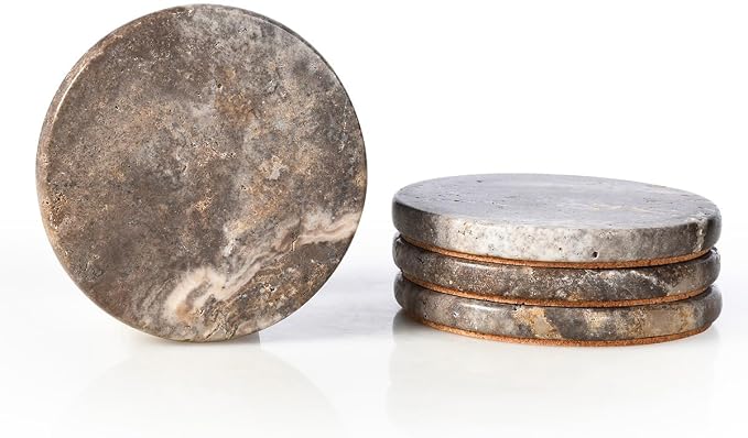 Natural Marble Coasters Set of 4, Round Travertine Coasters 4 Inch, Modern Gray Stone Coaster, Vintage Drink Coaster for Home Decor, Coffee Table, Office