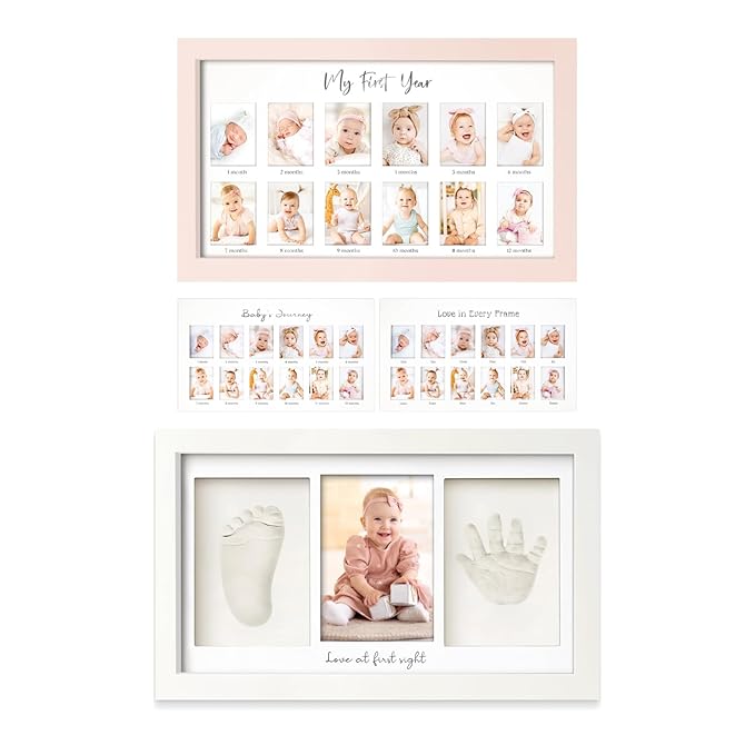 KeaBabies 12 Months Baby Picture Frame for Newborn Girl, Boy and Baby Handprint & Footprint Kit - My First Year Photo Frame, Monthly Photo Keepsake - Duo Photo Display