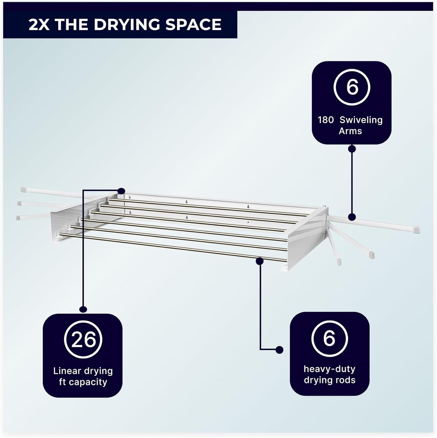 MODERN-X Wall Mounted Clothes Drying Rack with 6 Swivel arms, 35”Wide, 26 Linear ft of Laundry Drying Rack Space, 6 Collapsible Aluminum rods, 2X Drying Capacity, Space Organizer Holds up to 60lbs