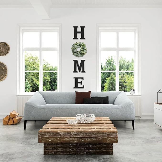 Pinkpum Wood Home Sign with Artificial Eucalyptus Wreath for O, Hanging Farmhouse Wall House Decor Wood Letters for Wall Art Rustic Home Decor, Wall Decor for Living Room Kitchen Entryway (Black)