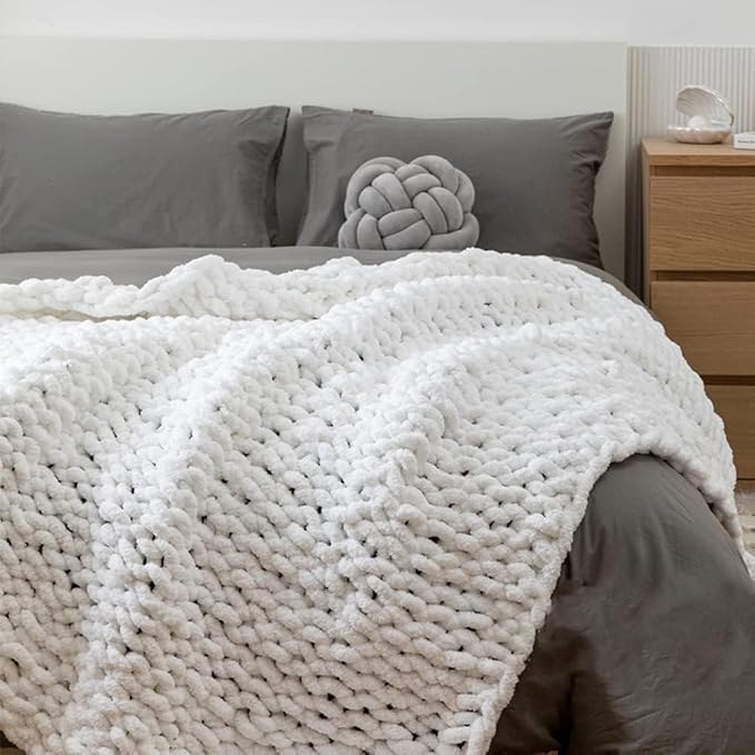 Soft Chunky Knit Throw Blanket for Couch, Cozy Warm Knitted Blankets | Hand Knit with Jumbo Chenille, Lightweight Warm Fluffy Decor for Women, Mom, Her & Girls, Sofa, Chair, Bed, 40"×60" (White)