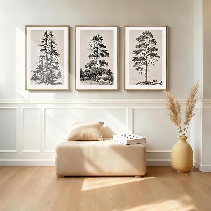 ANHUIB Vintage Tree Sketch Framed Canvas Wall Art 24x36 Inch Neutral Wilderness Forest Paintings Retro Botanical Wall Decor Set of 3 Black and White Landscape Prints for Living Room Bedroom Office