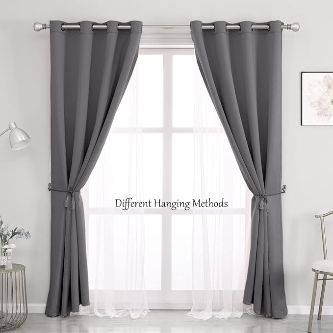 Dark Grey Blackout Curtains 96 Inch Length with White Sheer Voile - Double Layered Mix and Match Nursery Grommet Curtains for Living Room,52 by 96 in, 2 Pieces