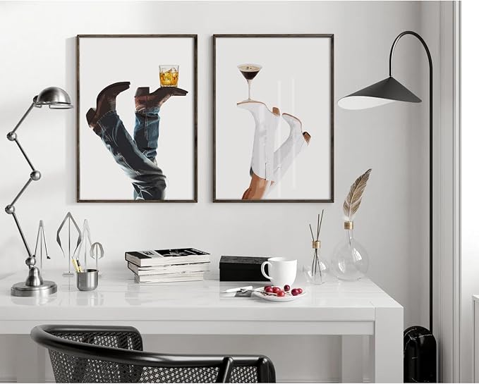 Cowgirl Wall Art Western Canvas Pictures Cowboy Boots Wall Decor Coastal Cowgirl Prints Retro Poster Trendy Preppy Pictures Martini Painting Artwork for Bedroom Living Room 16x24x2 Inch Unframed