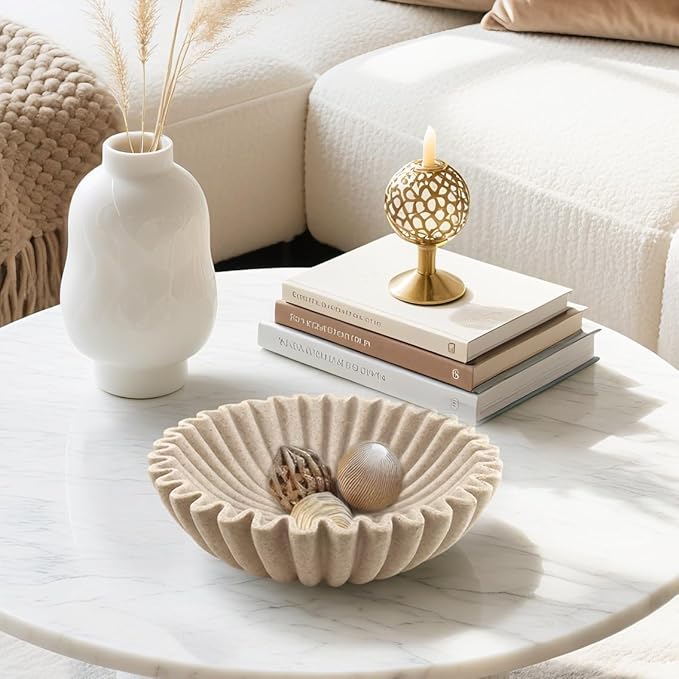 10'' Scalloped Decorative Key Bowl for Entryway Coffee Table - Catchall Trinket Large Candy Fruit Purse Holder Kitchen Countertop Console Modern Home Decor, Artificial Stone Beige