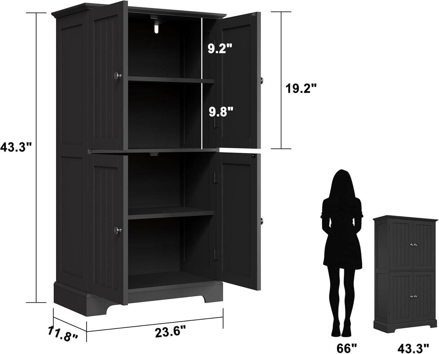 ChooChoo Bathroom Floor Cabinet, Modern Bathroom Storage Cabinet with 4 Doors and Adjustable Shelves, Freestanding Cupboard for Living Room, Black