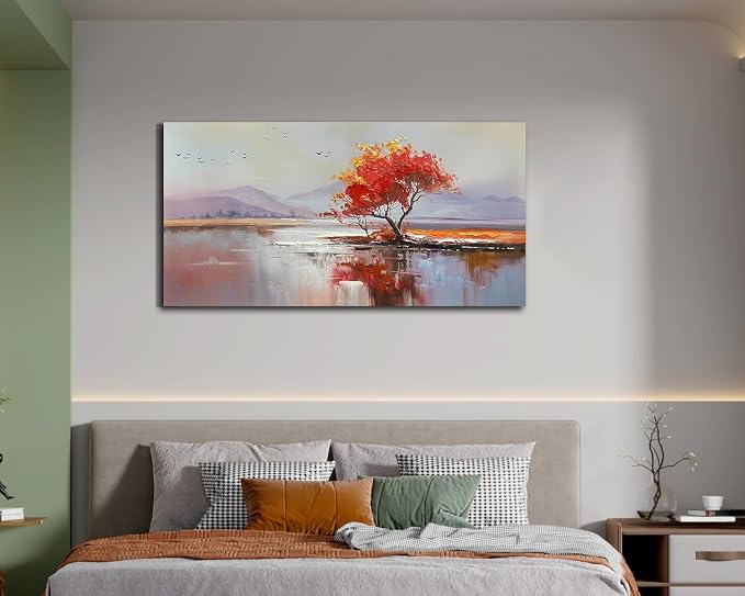 Arjun Landscape Canvas Wall Art Textured Large 48"x24"- Red Tree & Lake Reflection Painting, Soft Toned Nature Prints Picture Framed Artwork for Living Room Bedroom Home Office Wall Decor