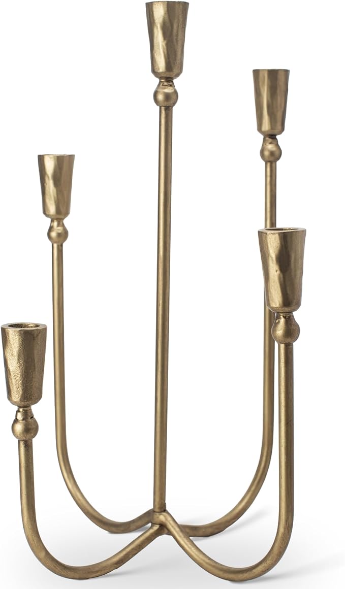 BANOMII Large Iron Candelabra Centerpieces for Tables, 17.7'' Tall Taper Candle Holders, Vintage Brass Gold Candlestick Holders, Antique Fireplace Mantel Decorations for Living Room, 5 Arms