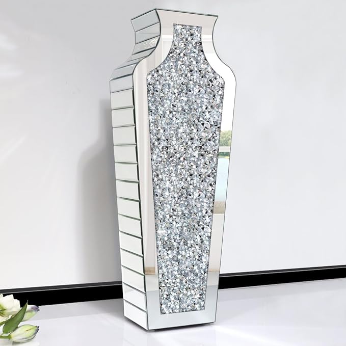 Allartonly Floor Crushed Diamond Mirrored Vase 27" Tall, Crystal Silver Glass Decorative Mirror Large Size Luxury for Home Decor. Can't Hold Water.