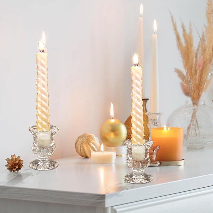 Clear Glass Candlestick Holders Taper Candle Holder Bulk 2.5 Inch Candle Stick Holder for Table Centerpiece Mantel Wedding Housewarming Gift Rustic Vintage Valentines Dinning Decoration