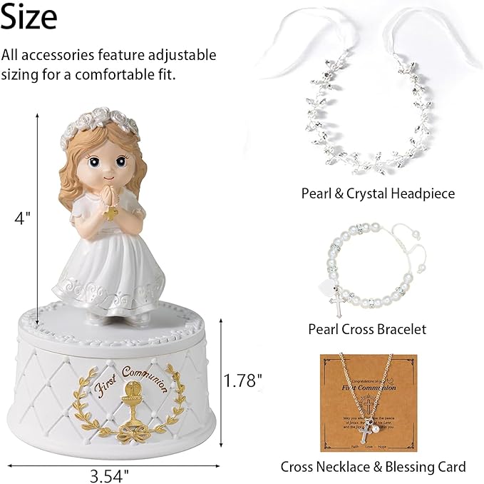 First Communion Gifts for Girls- First Holy Girl Figurine with Keepsake Box & Flower Girl Headpiece & Cross Necklace & Cross Bracelet Included, 1st Communion Gifts for Girls