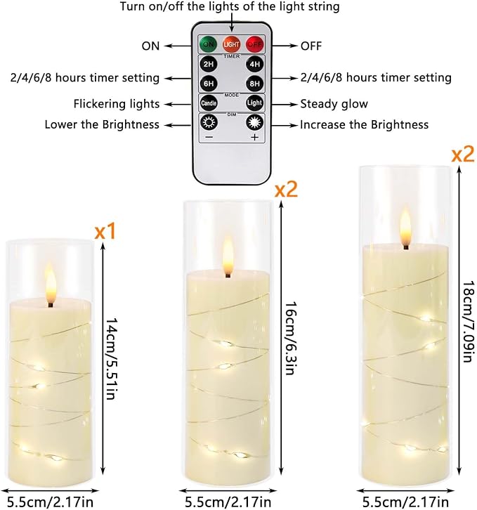 Pack of 5 (D2.2 X H 5" 6" 7") Ivory Flickering Flameless Candles Battery Operated with Remote, LED Pillar Candles with Realistic Moving Wick for Halloween, Christmas, Home Decor.