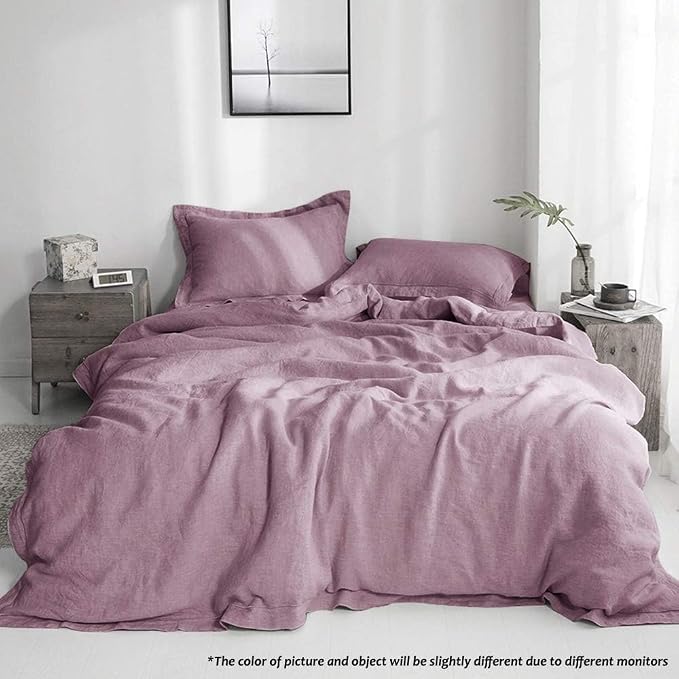 Simple&Opulence 100% French Flax Linen Duvet Cover Set with Embroidery Washed - 3 Pieces (1 Duvet Cover with 2 Pillow Shams) with Button Closure Soft Breathable Farmhouse - Purple, King Size