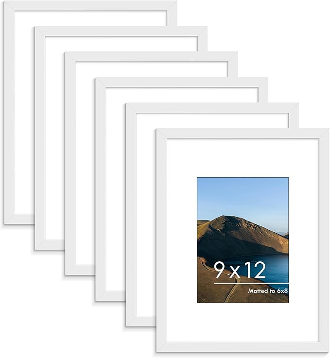 PEALSN 9x12 Picture Frame Set of 6, Display Pictures 6x8 with Mat or 9x12 without Mat for Wall Mounting or Table Top Display, Photo Frames Collage for Wall Decor, White.